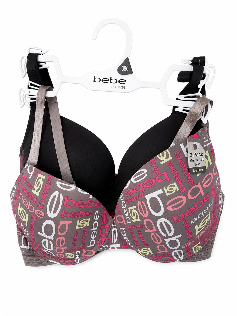 bebe Two-Pack Gentle Lift Bras in Black and Gray with Pink & Lime Logo Print